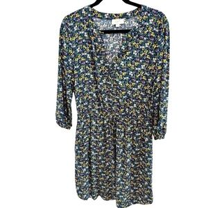Ann Taylor LOFT Blue Floral Long Sleeve Tie Waist Rayon Cottagecore Dress Size L